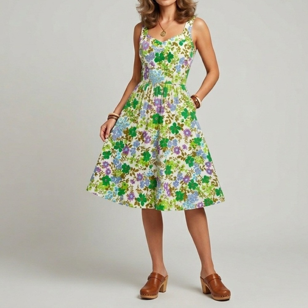 Vintage Kittlett Dress Size M 40 Multicolor Floral Mini Sleeveless Pockets Mod